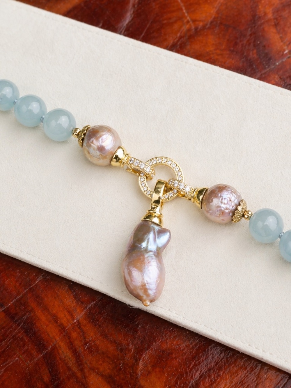 Aquamarine & Pearl Statement Necklace | Gold Plated CZ Clasp | Blue Beaded - Picture 3 of 5
